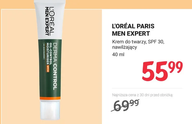 Krem do twarzy SPF 30 nawilżający L'Oréal Paris Men Expert Derma Control promocja w Rossmann