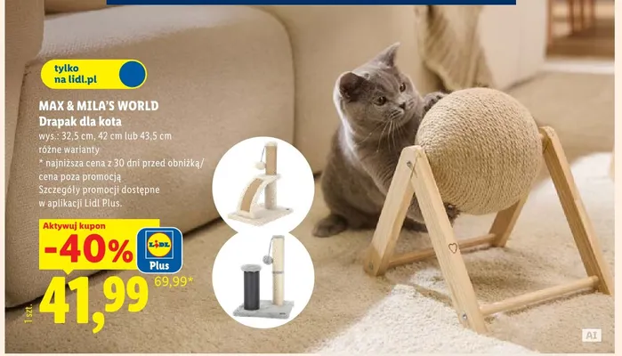 Drapak dla kota wys. 32,5 cm Max & Mila's World promocja w Lidl