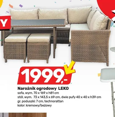 Narożnik ogrodowy LEKO sofa wym. 70x169x81cm stół wym. 73x143,5x69cm dwie pufy 40x40x39cm gr. poduszki 7cm technorattan kremowy/beżowy promocja w Bricomarche