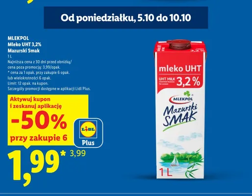 Mleko UHT Mazurski Smak Mlekpol 3,2% promocja w Lidl