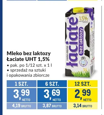 Mleko UHT bez laktozy Łaciate 1,5% promocja w Makro
