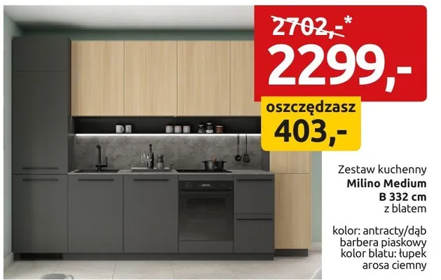 Zestaw kuchenny Milino Medium B 332 cm z blatem kolor: antracyt/dąb barbera piaskowy kolor blatu: łupek arosa ciemny promocja w Black Red White