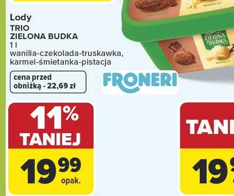 Lody trio zielona budka wanilia-czekolada-truskawka, karmel-śmietanka-pistacja promocja w Carrefour Market