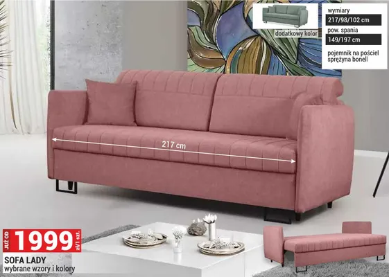 Sofa Lady wybrane wzory i kolory 217/98/102cm pojemnik na pościel sprężyna bonell promocja w Merkury Market