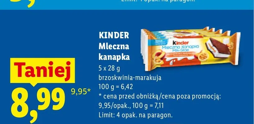 Mleczna kanapka Kinder brzoskwinia-marakuja 5-pak promocja w Lidl