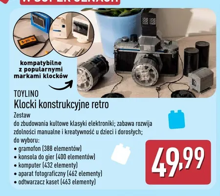 Klocki konstrukcyjne retro odtwarzacz kaset Toylino promocja w Aldi