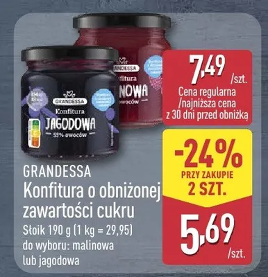 Konfitura o obniżonej zawartości cukru jagodowa Grandessa promocja w Aldi