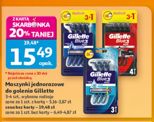 Maszynki jednorazowe do golenia Gillette Blue3 Plus Cool 3-pak promocja w Auchan