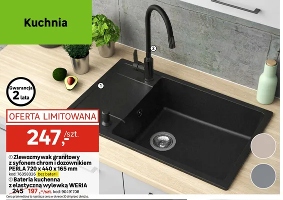 Zlewozmywak granitowy z syfonem chrom i dozownikiem Perla 720x440x165 mm promocja w Leroy Merlin
