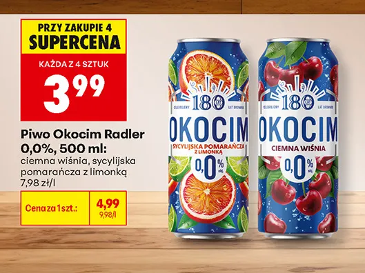 Piwo bezalkoholowe Okocim Radler ciemna wiśnia promocja w Biedronka