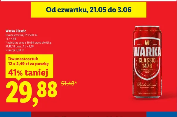 Piwo Warka Classic 12-pak 500ml promocja w Lidl