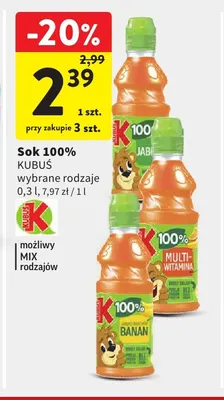 Sok Kubuś 100% promocja w Intermarche