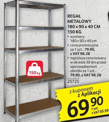 Regał metalowy 180 x 90 x 40 cm 150 kg promocja w Selgros
