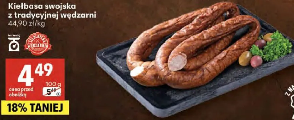 Kiełbasa swojska z tradycyjnej wędzarni promocja w Delikatesy Centrum