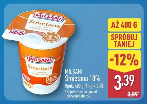 Śmietana 18% Łaciata promocja w Aldi