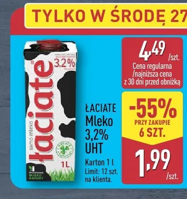 Mleko 3,2% UHT ŁACIATE promocja w Aldi