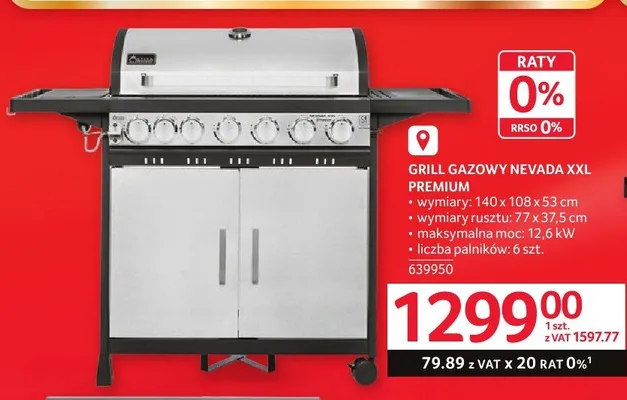 Grill gazowy Nevada XXL Premium wymiary: 140x108x53cm wymiary rusztu: 77x37,5cm maksymalna moc: 12,6kW liczba palników: 6szt. promocja w Selgros