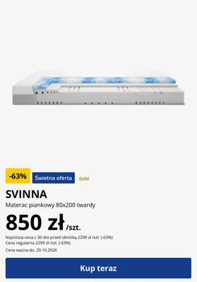 Materac piankowy 80x200 twardy Svinna promocja w Jysk