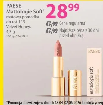 Matowa pomadka do ust Paese Mattologie Soft 113 Velvet Honey promocja w Hebe