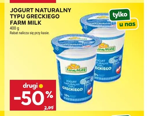 Jogurt naturalny typu greckiego Farm Milk 10% promocja w Stokrotka