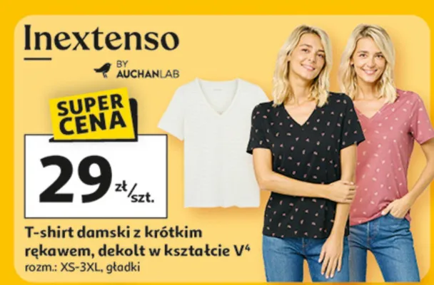 T-shirt damski z krótkim rękawem, dekolt w kształcie V promocja w Auchan