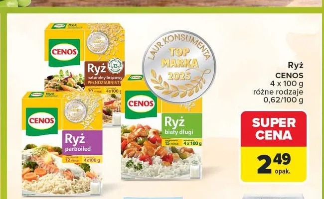 Ryż naturalny brązowy pełnoziarnisty Cenos 4-pak 100 g promocja w Carrefour