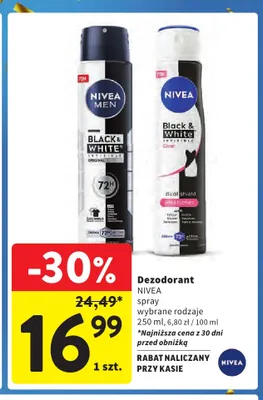 Dezodorant spray Men Black & White Invisible Original Nivea promocja w Intermarche