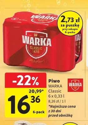 Piwo Warka Classic 6-pak 330 ml promocja w Intermarche