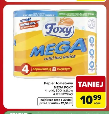 Papier toaletowy Mega Foxy 4 rolki 300 listków 3-warstwowy promocja w Carrefour Market
