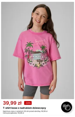 T-shirt loose z nadrukiem dziewczęcy 4F promocja w 4F