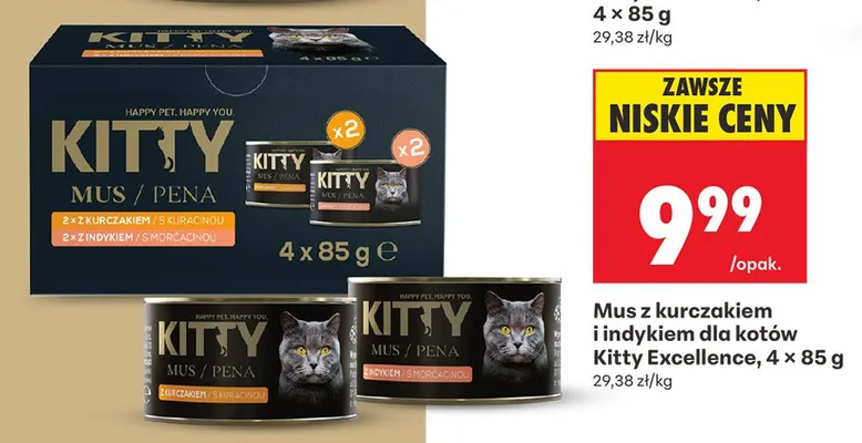 Mus z kurczakiem i indykiem dla kotów Kitty Excellence 4-pak 85g promocja w Biedronka
