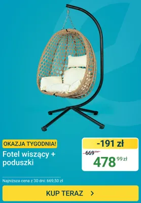 Fotel wiszący z poduszkami promocja w ERLI