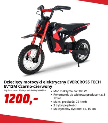 Dziecięcy motocykl elektryczny Evercross Tech EV12 m czarno-czerwony promocja w Media Markt