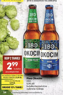 Piwo bezalkoholowe Okocim Jasne promocja w Delikatesy Centrum