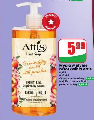 Mydło w płynie brzoskwinia Attis promocja w Dino