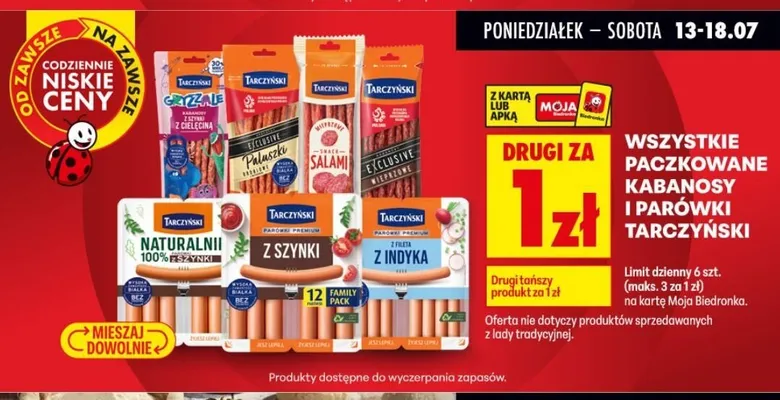 Paczkowane kabanosy i parówki Tarczyński promocja w Biedronka