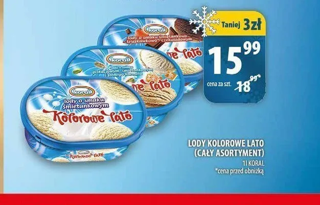 Lody Koral Kolorowe Lato o smaku pistacjowym śmietankowym i słonego karmelu promocja w Arhelan