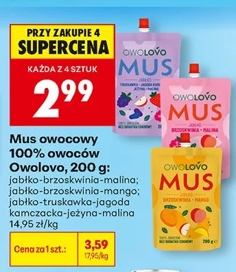 Mus owocowy 100% owoców Owolovo jabłko-truskawka-jagoda kamczacka-jeżyna-malina promocja w Biedronka
