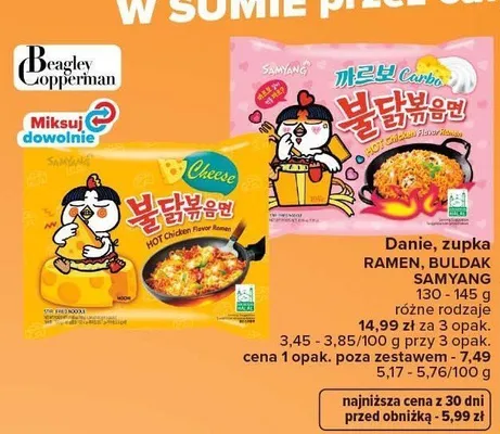 Danie zupka ramen Buldak Samyang Carbo promocja w Carrefour