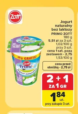 Jogurt naturalny bez laktozy Primo Zott promocja w Carrefour