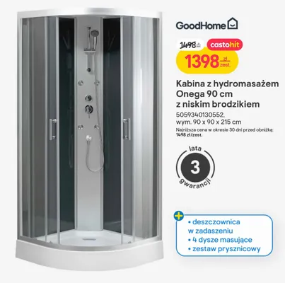 Kabina prysznicowa z hydromasażem Onega 90 cm z niskim brodzikiem promocja w Castorama