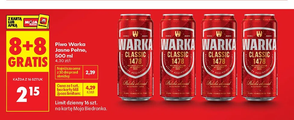 Piwo Warka Jasne Pełne promocja w Biedronka