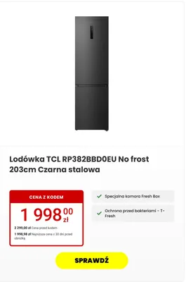 Lodówka TCL RP382BBD0EU No frost 203 cm Czarna stalowa promocja w Media Expert