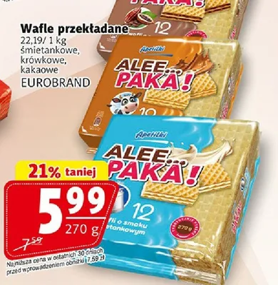 Wafle przekladane smietankowe krowkowe kakaowe 270g promocja w Prim Market