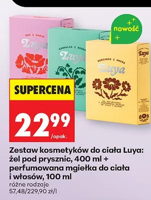 Zestaw kosmetyków do ciała Luya: żel pod prysznic 400ml + perfumowana mgiełka do ciała i włosów 100ml promocja w Biedronka