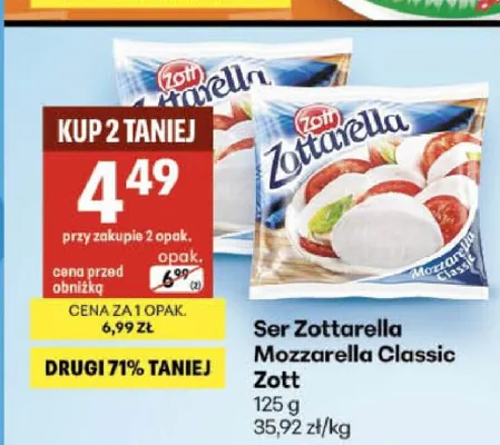 Ser Zottarella Mozzarella Classic Zott promocja w Delikatesy Centrum