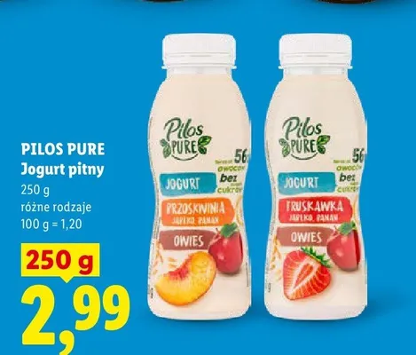 Jogurt pitny Pilos Pure brzoskwinia jabłko banan owies bez dodatku cukrów promocja w Lidl