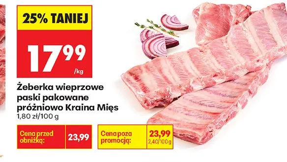 Żeberka wieprzowe paski pakowane próżniowo Kraina Mięs promocja w Biedronka