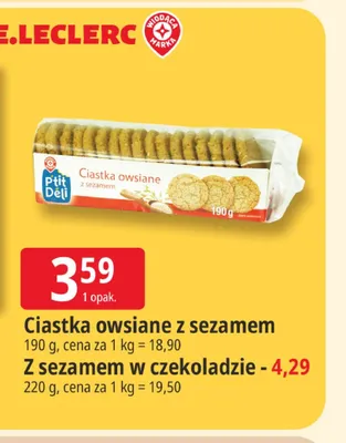 Ciastka owsiane z sezamem w czekoladzie Ptit Deli promocja w Leclerc