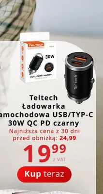 Ładowarka samochodowa USB/TYP-C Teltech 30W QC PD czarna promocja w Poczta Polska